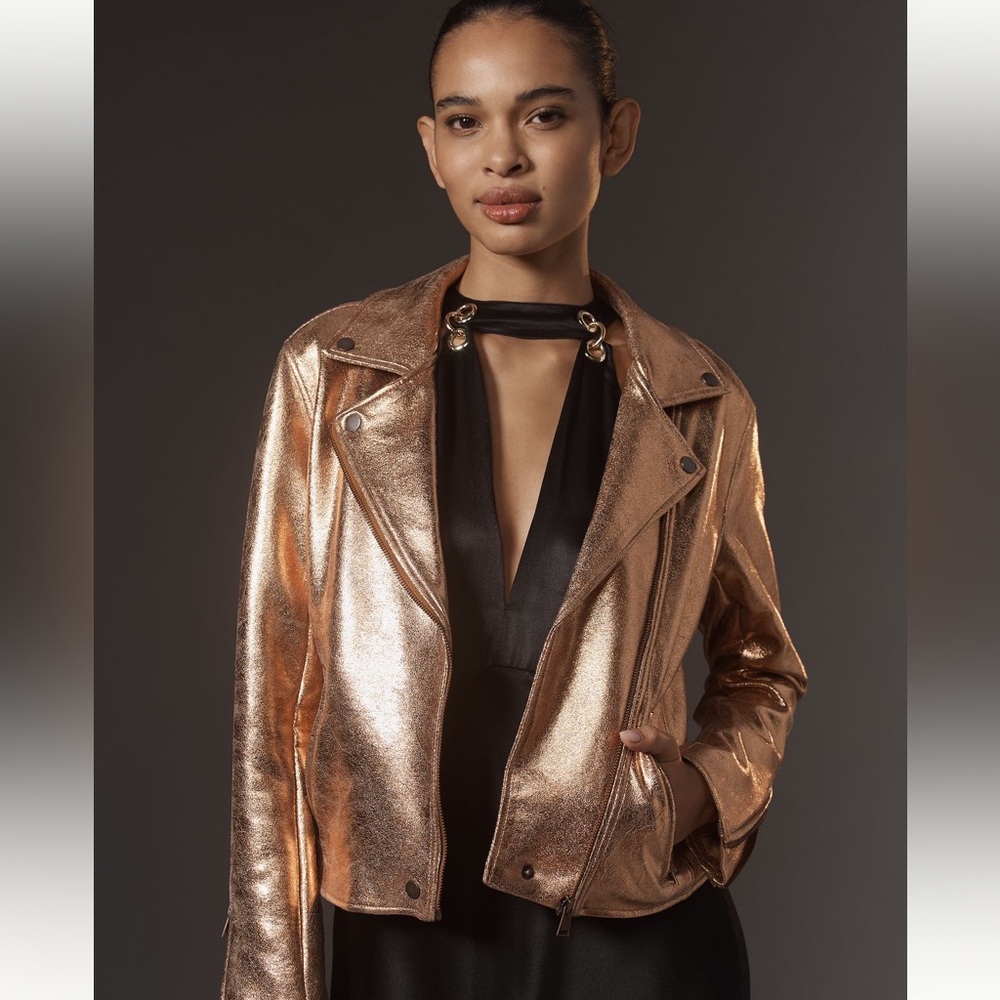 Anthropologie The Saige Metallic Faux-Leather Moto Jacket